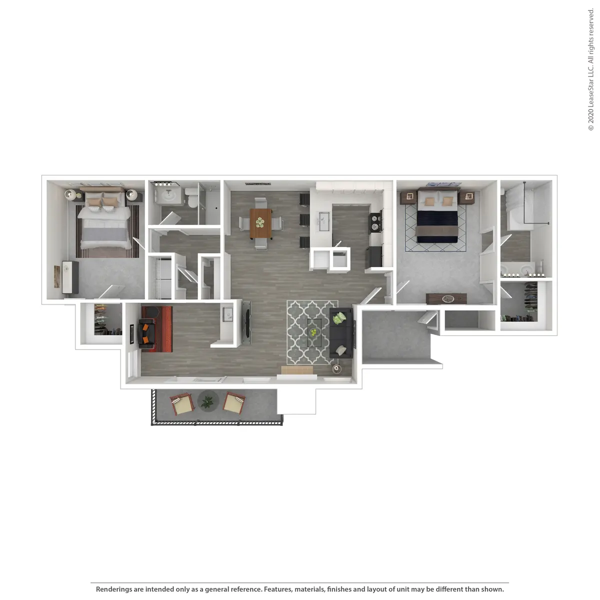 A detailed layout of a floor plan showcasing multiple rooms, including a living area, dining area, kitchen, bedroom, and bathroom areas. The design features a combination of open spaces and separate rooms, with furniture layout indicated throughout.