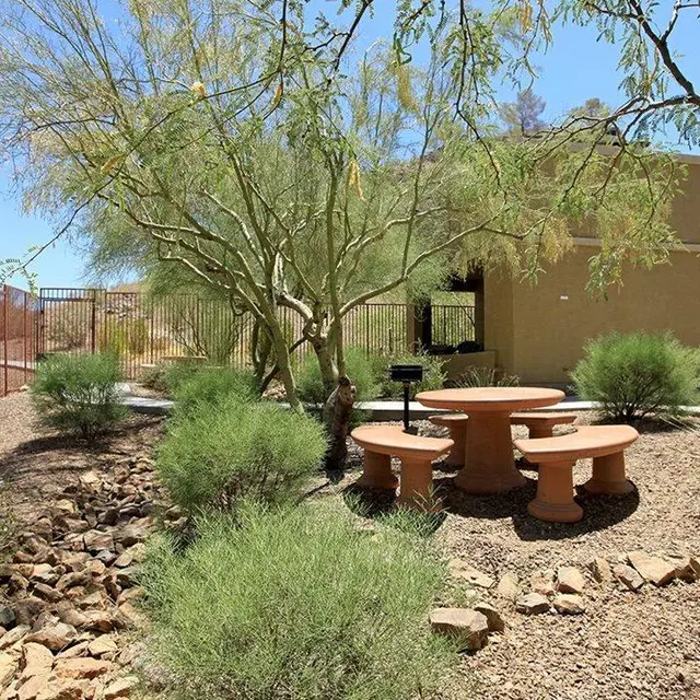 Desert Garden Retreat A serene outdoor area featuring a round table and benches surrounded by desert vegetation. The scene includes a mix of shrubs, small trees, and rocky ground, under a blue sky.