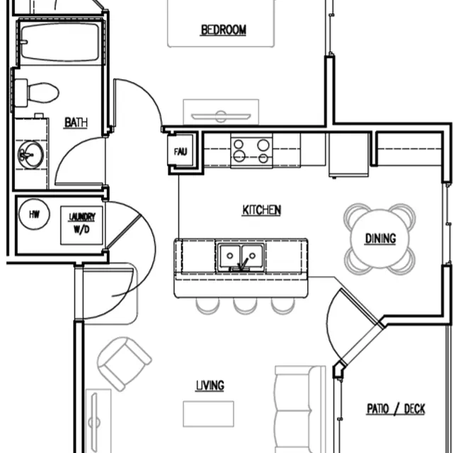 Black and white floor plan of a small apartment layout with labeled rooms.