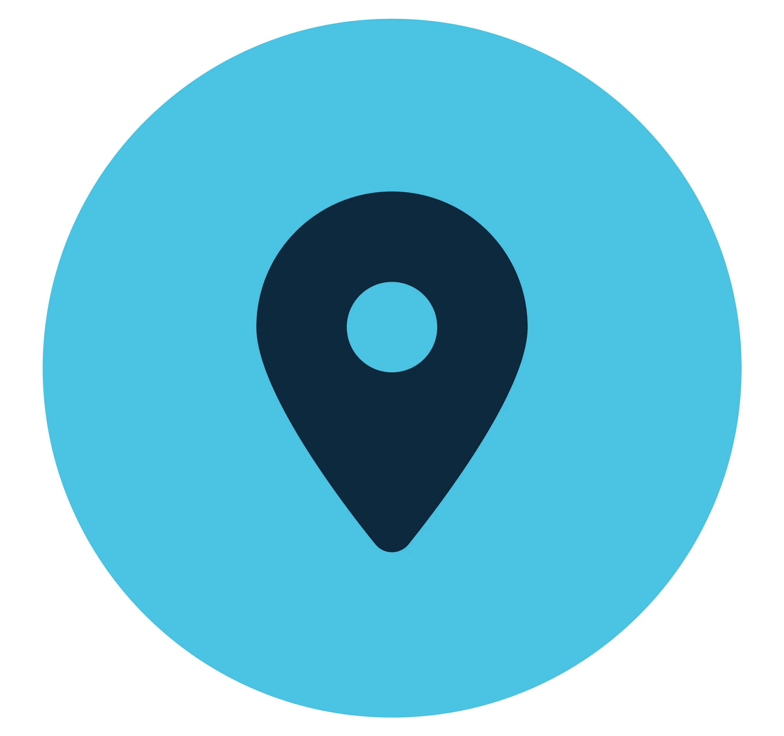 A dark blue location pin icon on a light blue circular background.