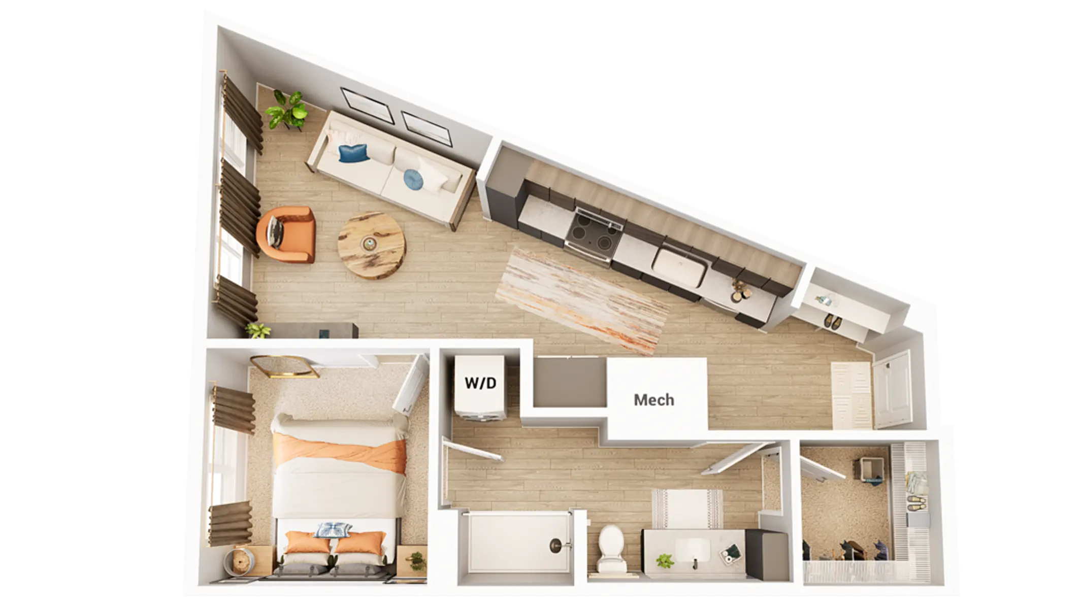 A floor plan of an apartment showing a living area, kitchen, two bedrooms, and a bathroom with labeled areas including W/D and Mech.