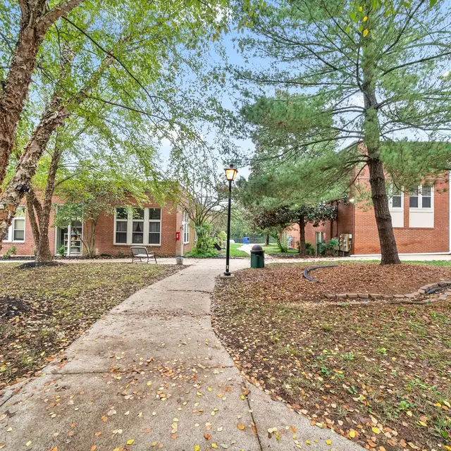 A pathway lined with trees leads between two red brick buildings with green foliage in the background. A lamppost stands central along the path, creating a serene outdoor scene.