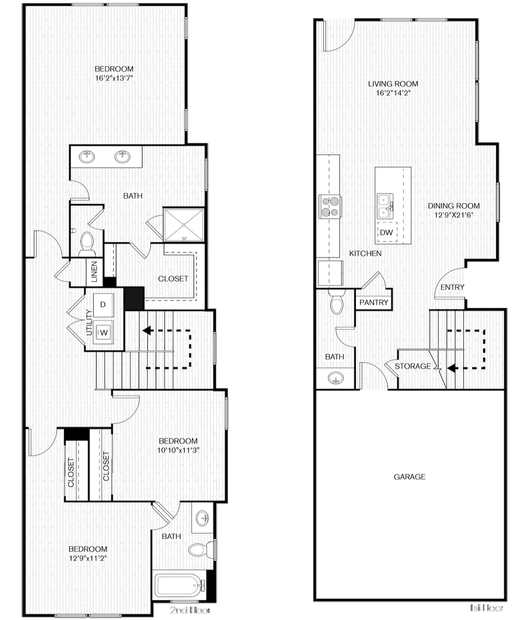A detailed floor plan of a two-story house featuring labeled rooms. The first floor includes a living room, dining room, kitchen, pantry, bath, storage, and garage. The second floor has three bedrooms and two baths.