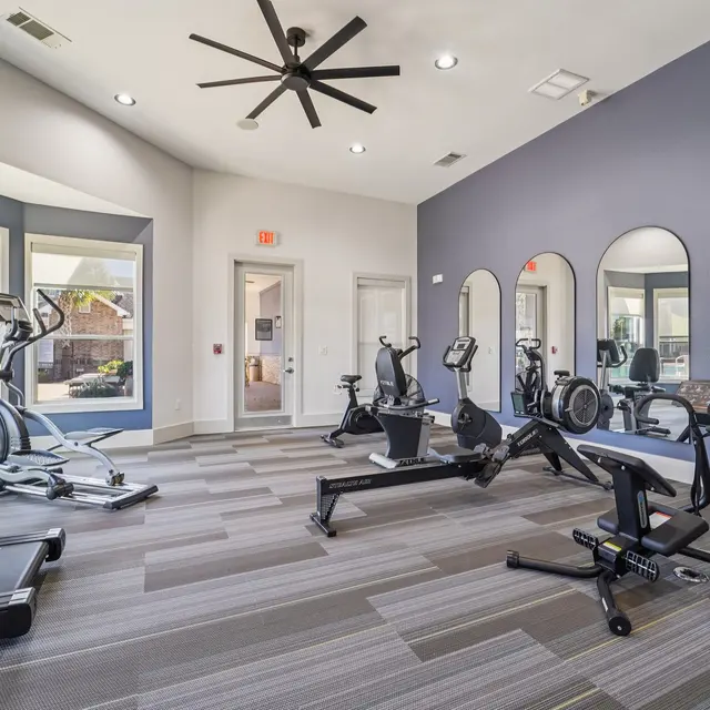 Interior view of a modern gym with various exercise equipment including an elliptical, stationary bike, rowing machine, and treadmill, under a ceiling fan and natural light from large windows.