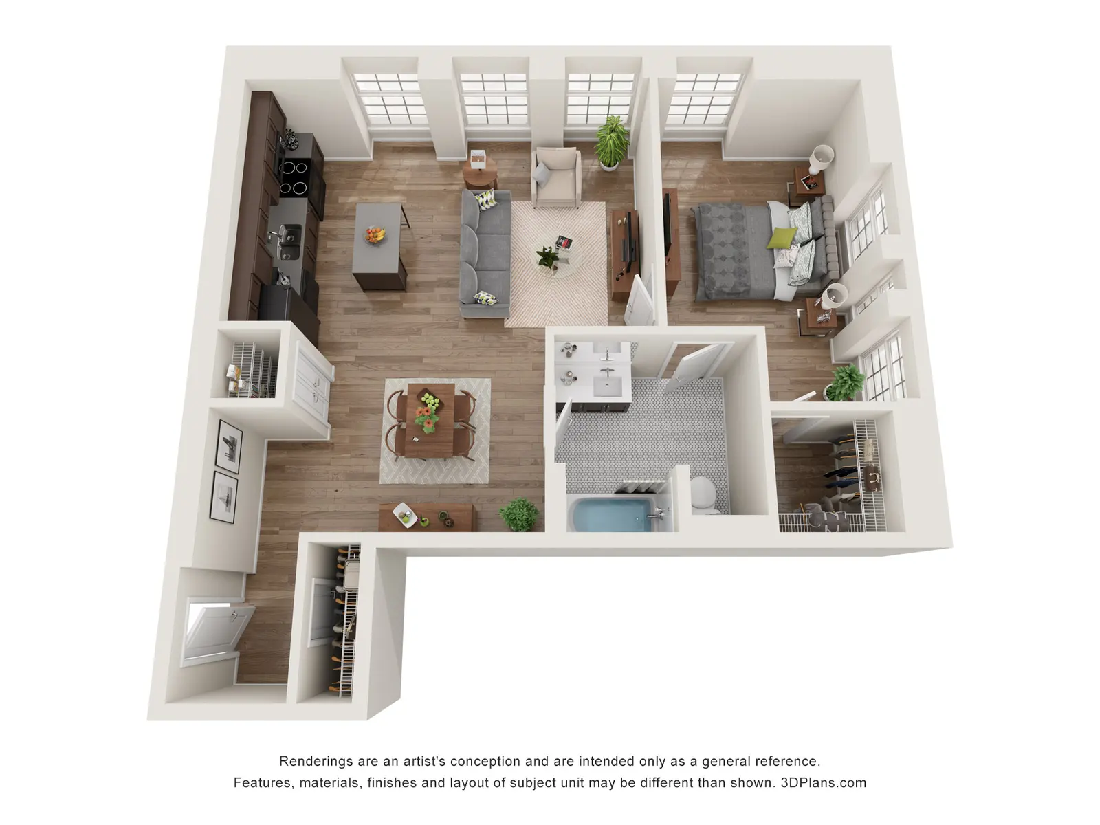 One Bedroom Apartment at The Woodrow – Fargo, ND 3D floor plan of a one-bedroom apartment at The Woodrow Fargo with open living and dining area, modern kitchen, full bathroom, and spacious bedroom