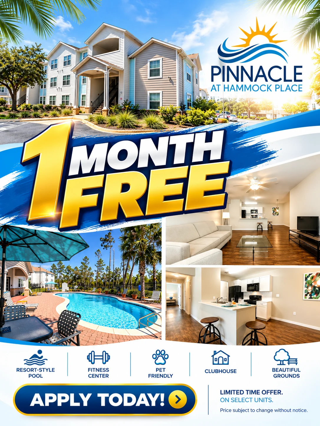 Promotional flyer for Pinnacle at Hammock Place featuring a resort-style pool, fitness center, and apartment interiors, highlighting a special offer of one month free rent.