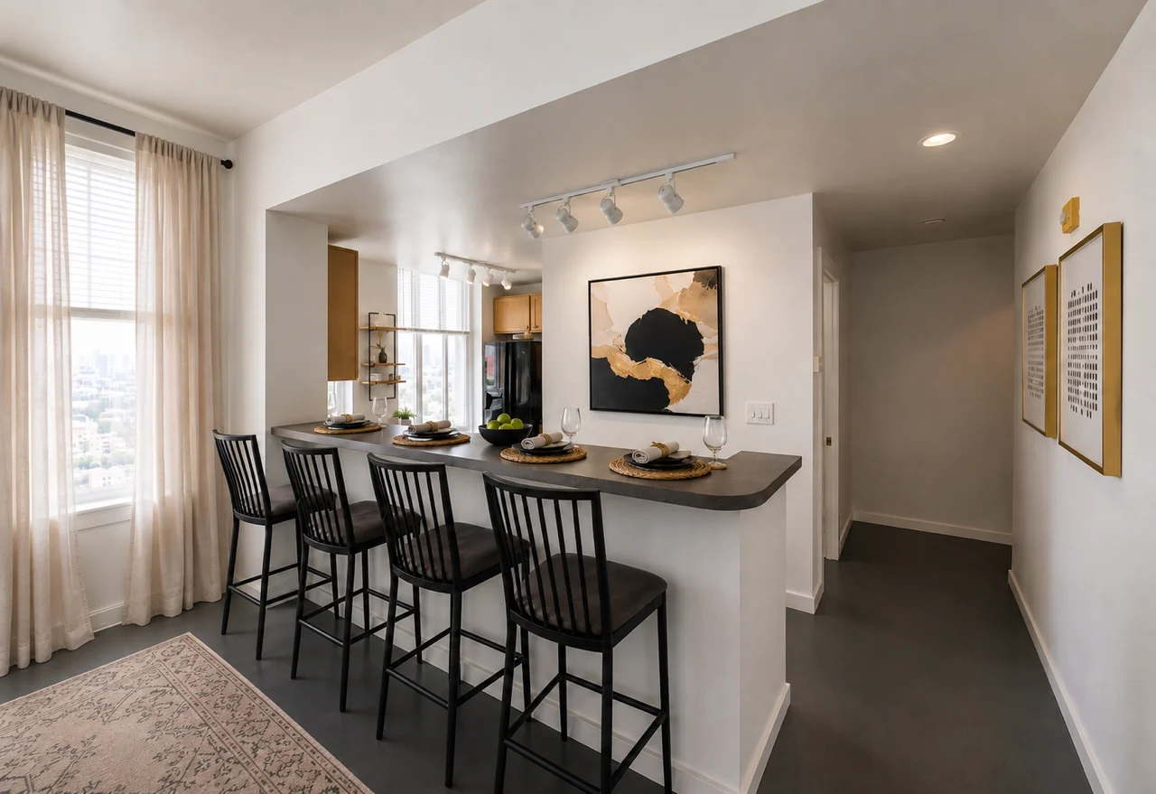 Modern Kitchen Bar Area A contemporary kitchen bar area with high stools, decorative plates, and a piece of abstract art on the wall. Natural light filters in through large windows.