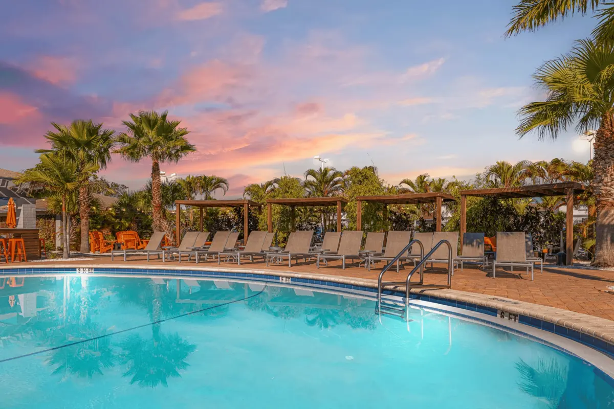 A tranquil swimming pool surrounded by lounge chairs and palm trees, with a colorful sunset in the background.