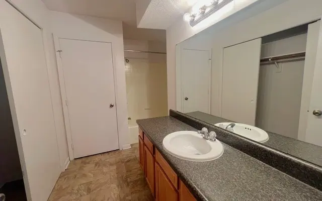 Spacious Bathroom Interior A spacious bathroom featuring a long vanity with a sink, a large mirror above, and several light fixtures. There are two doors leading to closets, and the floor is covered in light-colored tiles.