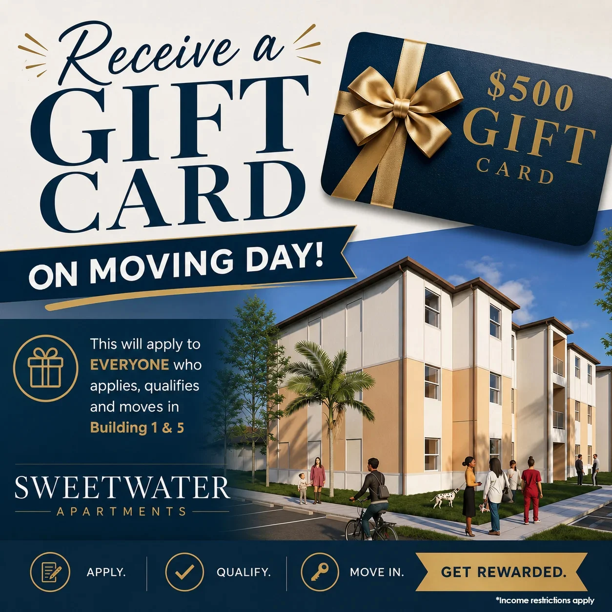 Promotional flyer for Sweetwater Apartments offering a $500 gift card on moving day.