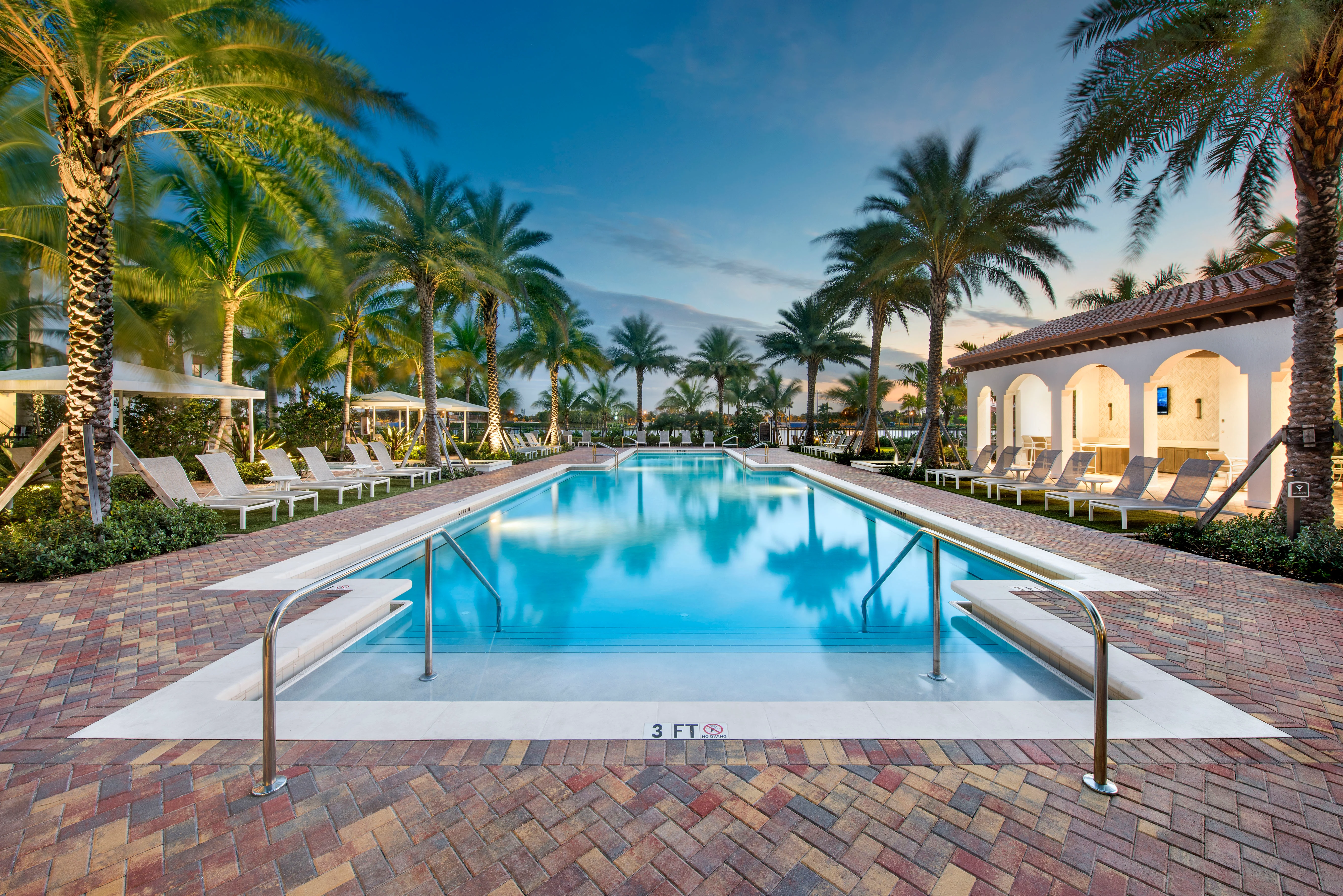 A serene pool area surrounded by palm trees and deck chairs, with a clear blue sky in the background.
