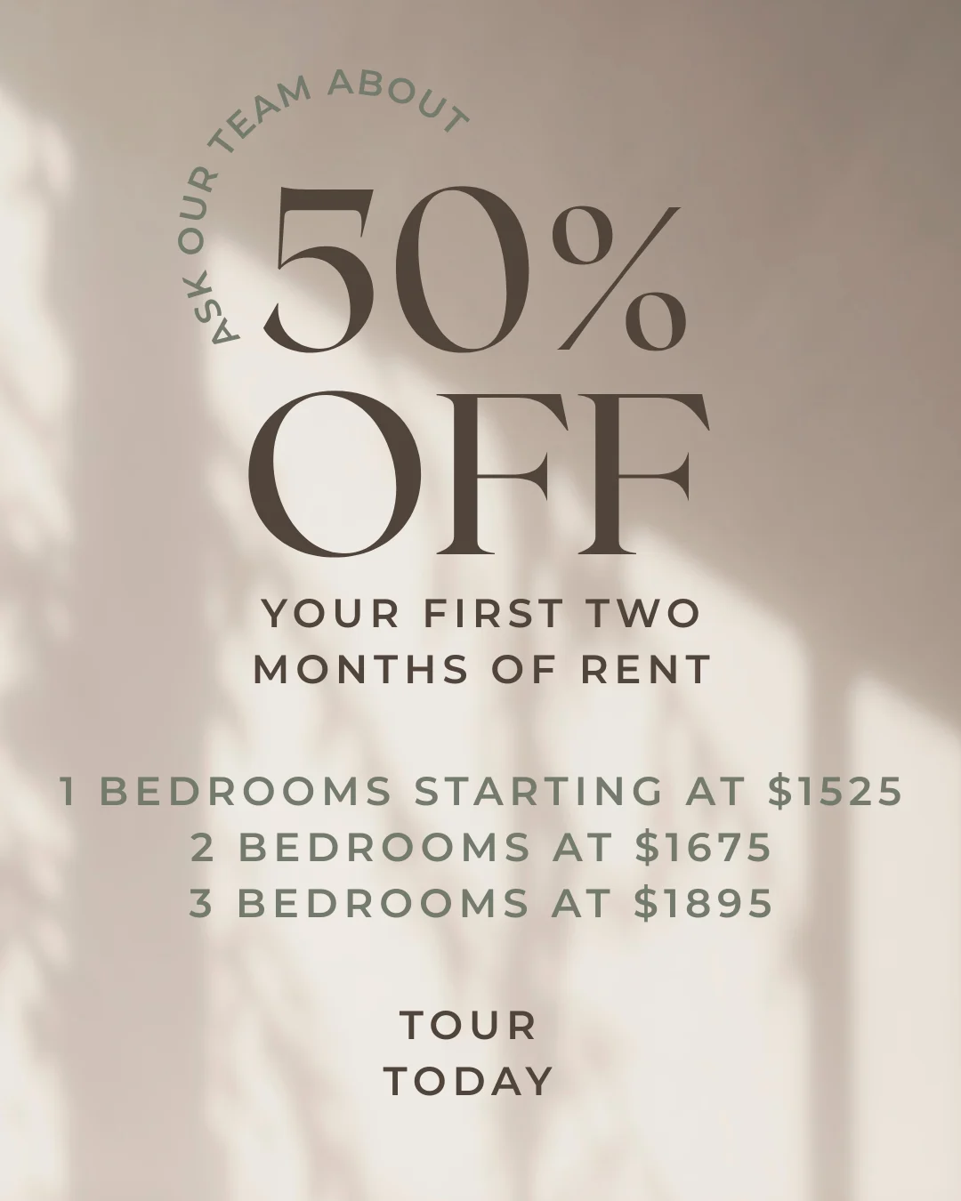 Apartment Rent Discount Promotion Promotional offer displaying a 50% discount on the first two months of rent with details on pricing for one, two, and three-bedroom apartments.
