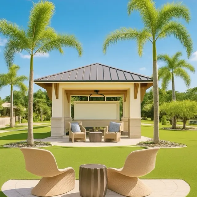 A modern outdoor lounge area featuring two stylish chairs and a round table, surrounded by lush greenery and palm trees, with a small pavilion in the background.