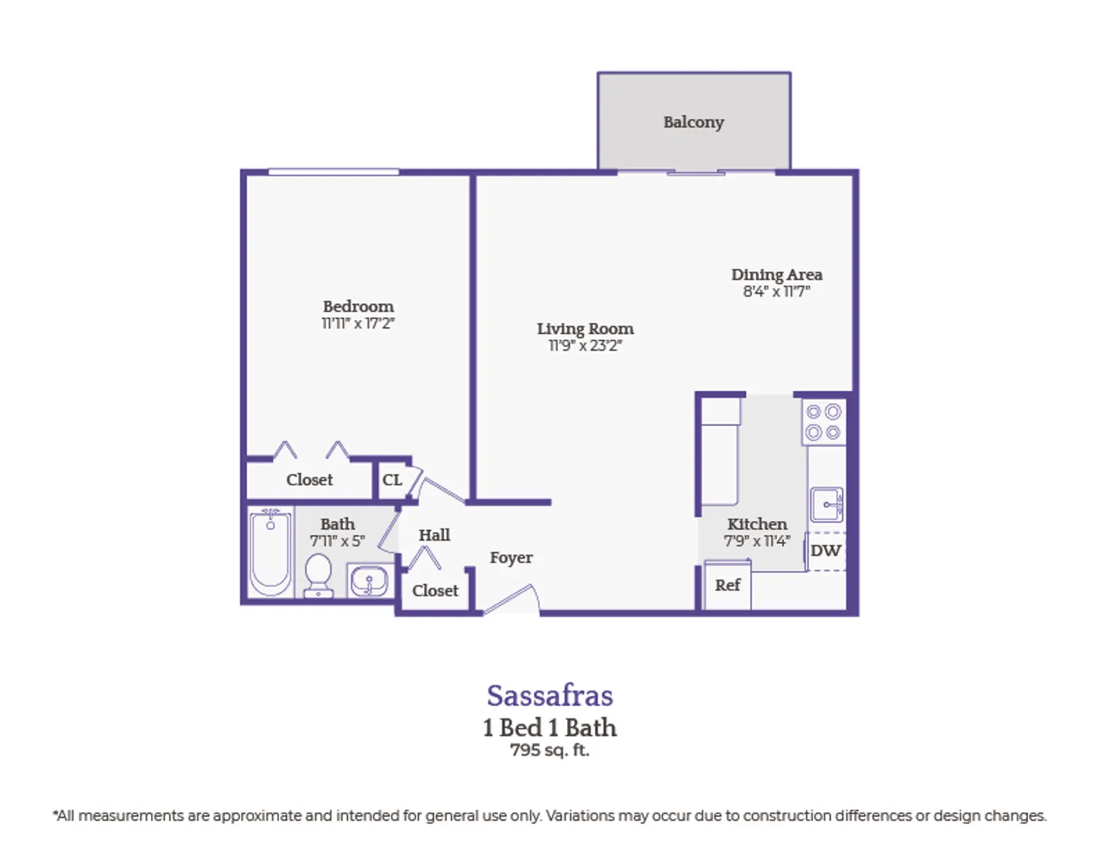 Floor plan of a one-bedroom, one-bath apartment named Sassafras, featuring a Living Room, Dining Area, Kitchen, Bedroom, and Bath with dimensions.