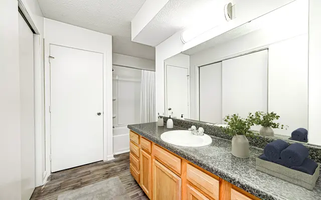 A modern bathroom featuring a long wooden vanity with a sink, a mirror above it, and neatly arranged toiletries. A light illuminates the space, and a shower is visible in the background behind a white curtain. The floor is made of dark wood, complemented by a light-colored rug.