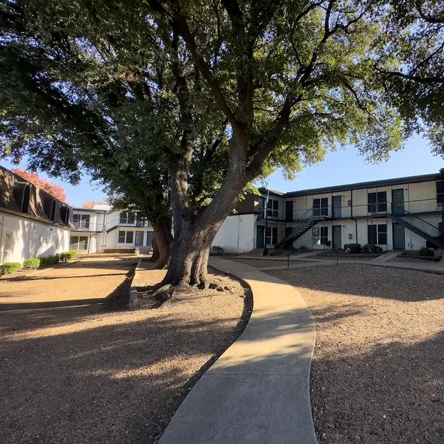 Pathway through an apartment complex with a large tree and surrounding buildings.