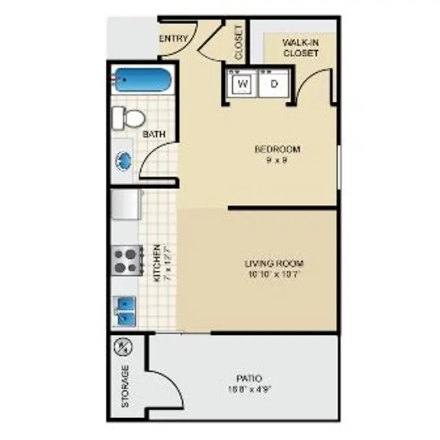 One-Bedroom Apartment Floor Plan A floor plan of a one-bedroom apartment layout featuring an entryway, a kitchen, living room, bathroom, bedroom with a walk-in closet, and a patio.