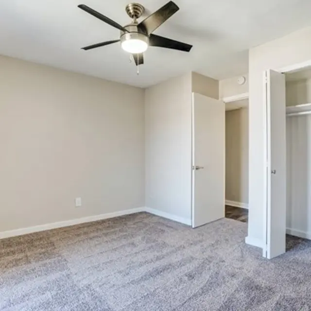 A spacious empty room featuring a ceiling fan, light walls, and carpeted flooring. It includes a closet with sliding doors and an open doorway leading to another space.
