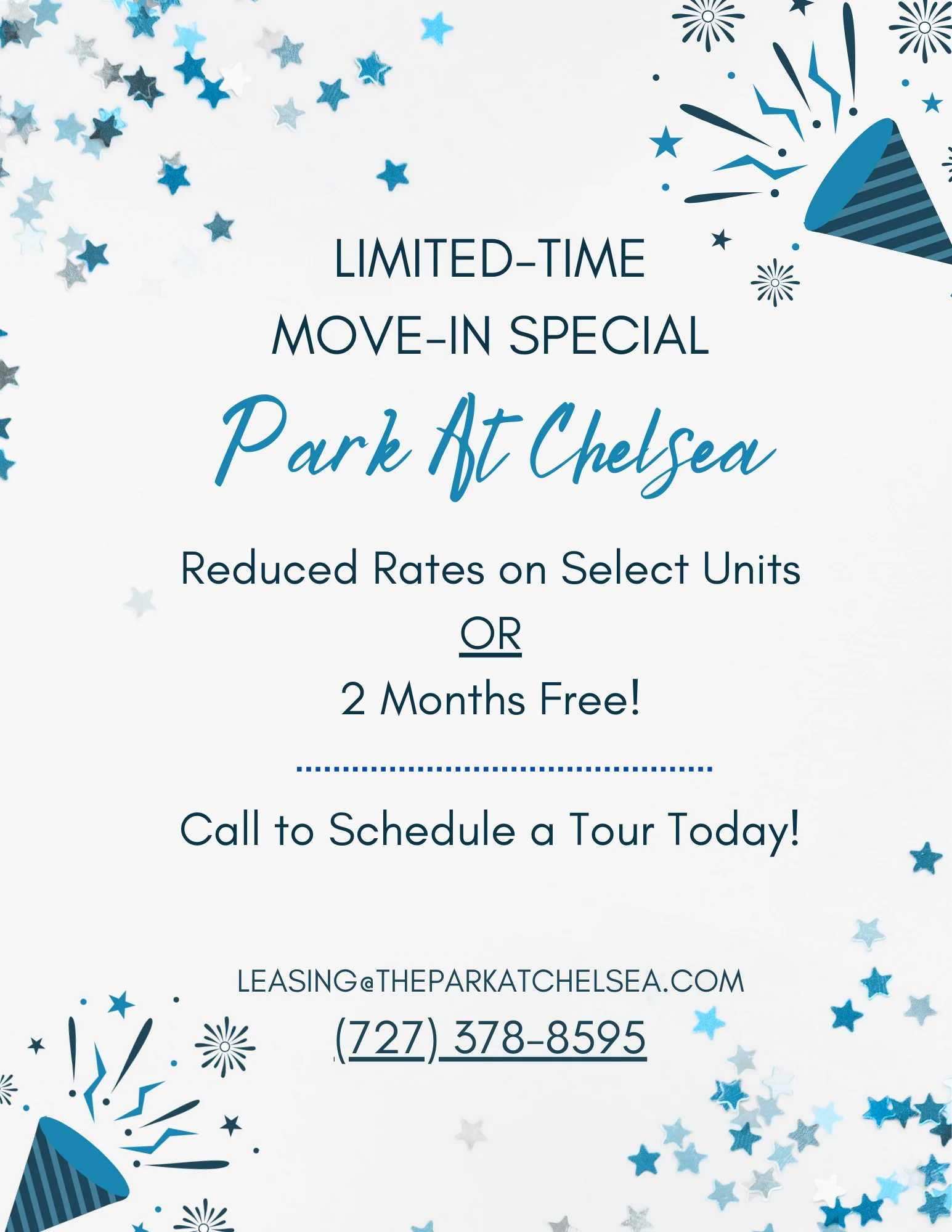 Limited-Time Move-In Special at Park At Chelsea Promotional graphic for Park At Chelsea featuring a limited-time move-in special with details about reduced rates and two months free.