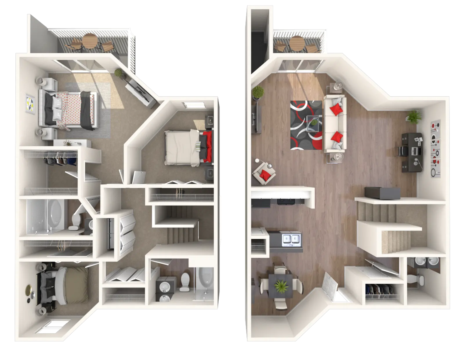 Two-level floor plan of a modern apartment featuring living spaces, bedrooms, bathrooms, and open areas.