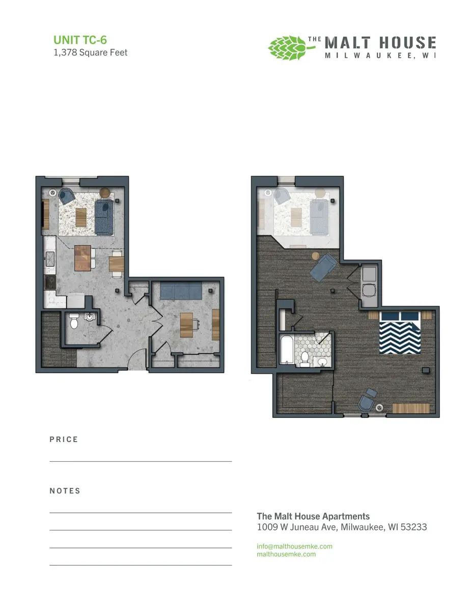 Unit TC-6 Floor Plan at The Malt House Apartments Floor plan of unit TC-6 at The Malt House apartments in Milwaukee, WI, showing a layout of two separate sections with designated rooms and furniture placements.