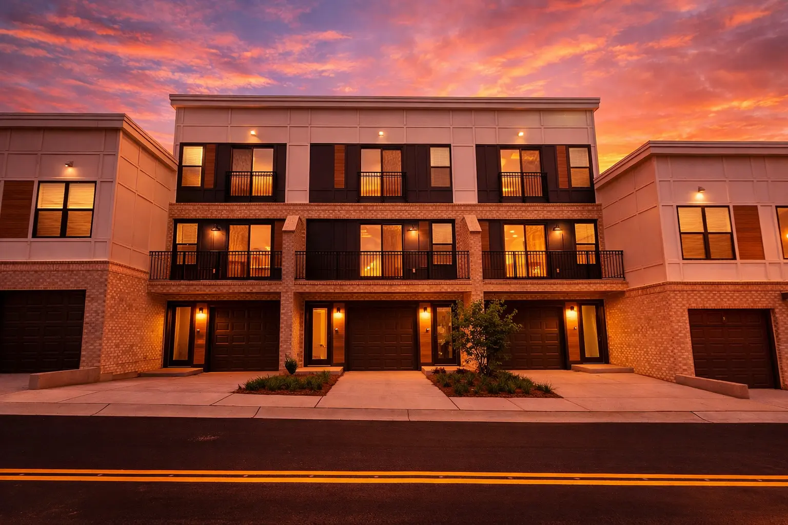 Modern Townhouses at Sunset Modern townhouses with balconies and sunset sky in background