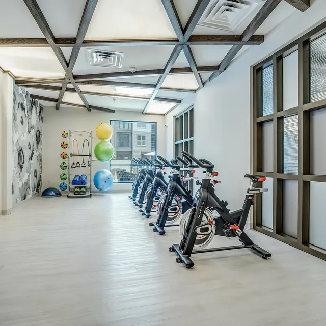 A bright and modern fitness room featuring stationary bicycles, exercise balls, and weights, with large windows allowing natural light to enter.