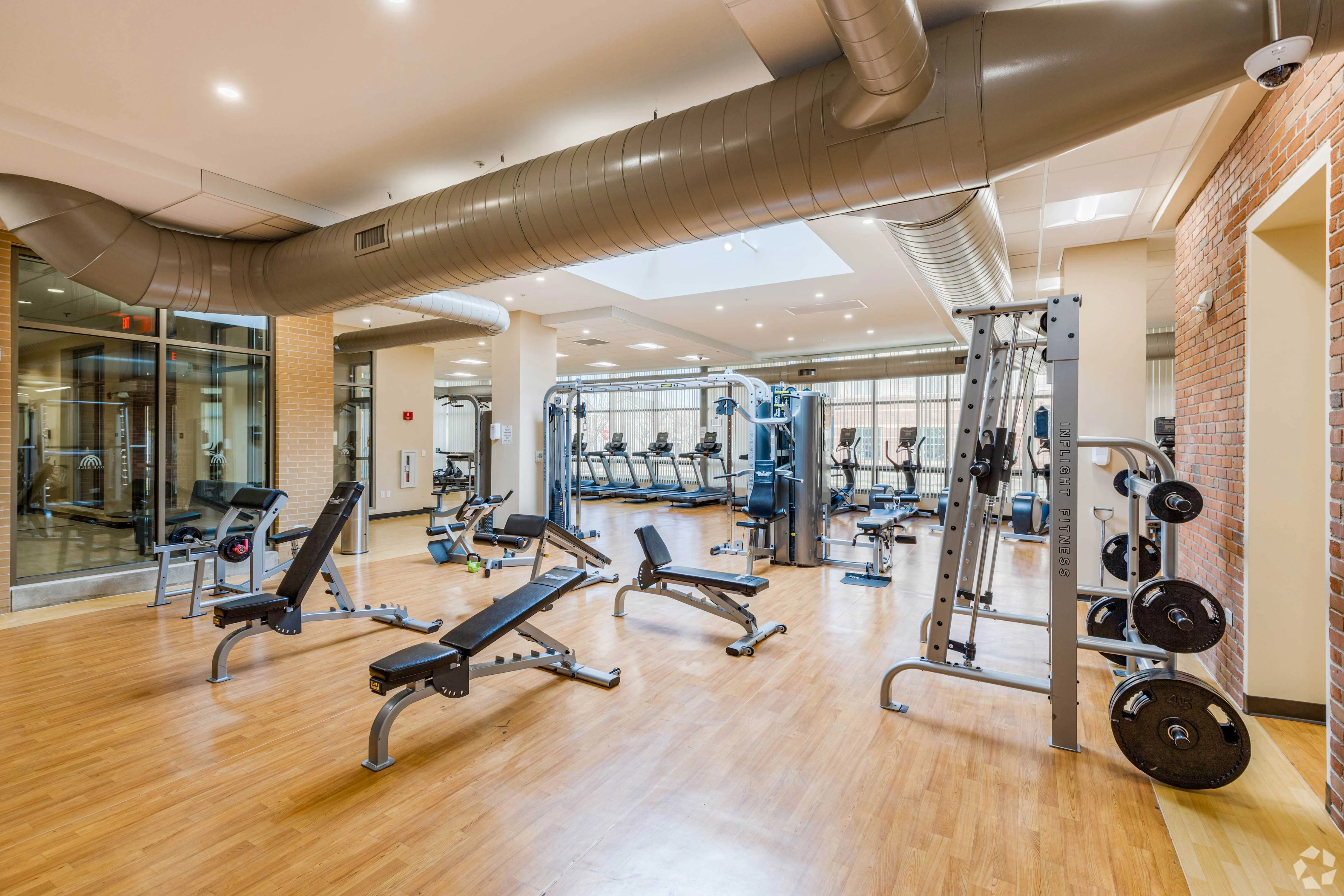 Modern Gym Interior Interior of a modern gym featuring various workout equipment, including benches, free weights, and cardio machines.