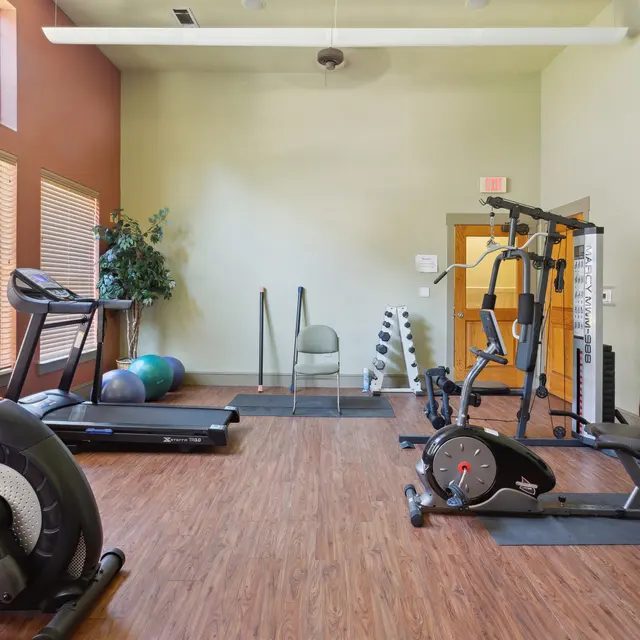 Indoor Gym with Exercise Equipment A spacious gym interior featuring various exercise equipment including treadmills, a stationary bike, a weight bench, and a set of dumbbells. Natural light filters in through several windows, highlighting the wooden floor and green walls.