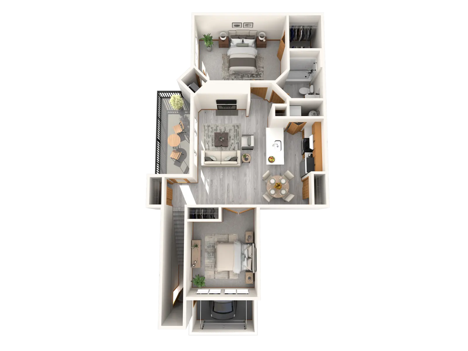 A top-down view of a modern apartment layout featuring a living area, kitchen, bathroom, and two bedrooms. Each room is labeled with furniture placements and decorative elements like plants.