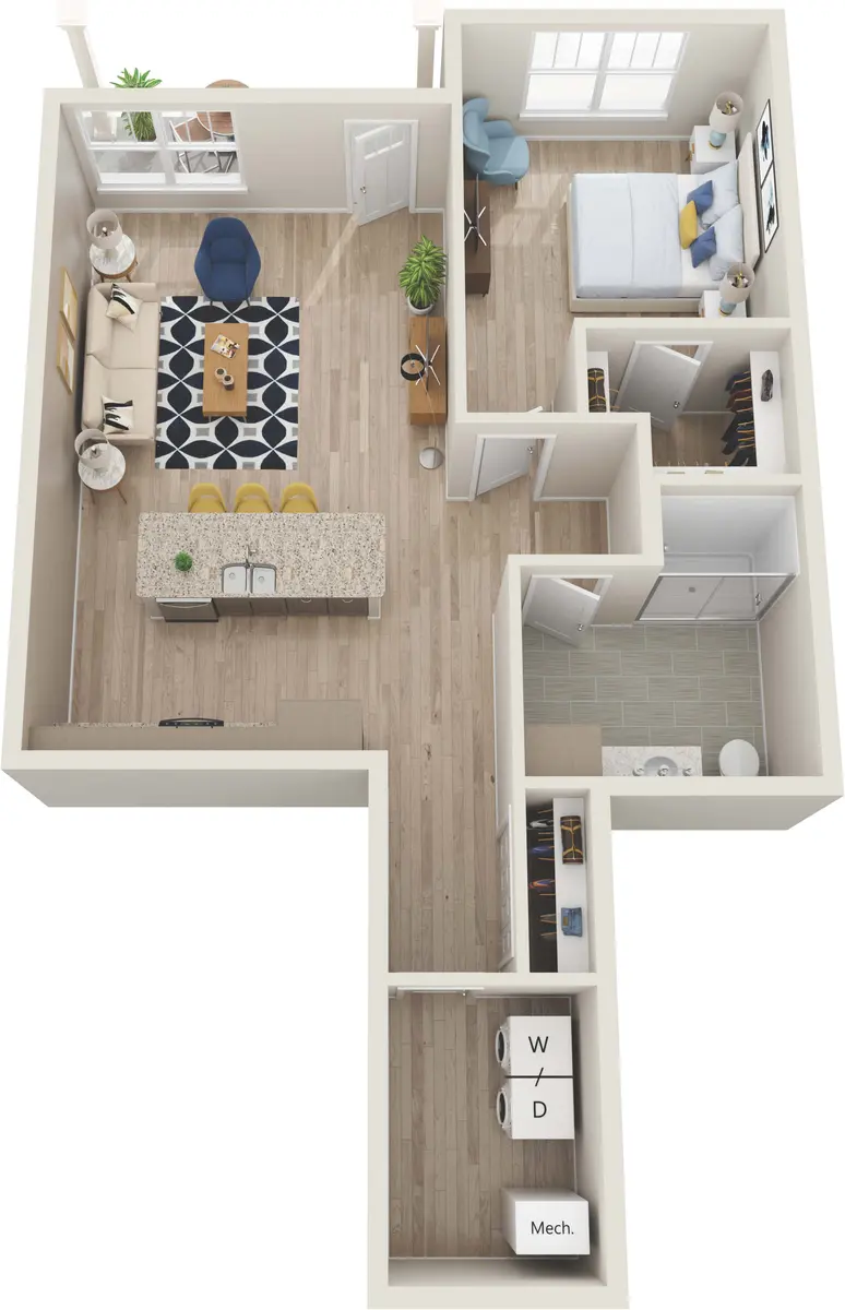 A modern apartment floor plan featuring an open concept living area with a sofa, coffee table, and dining area. It includes a bedroom, bathroom, and laundry area.