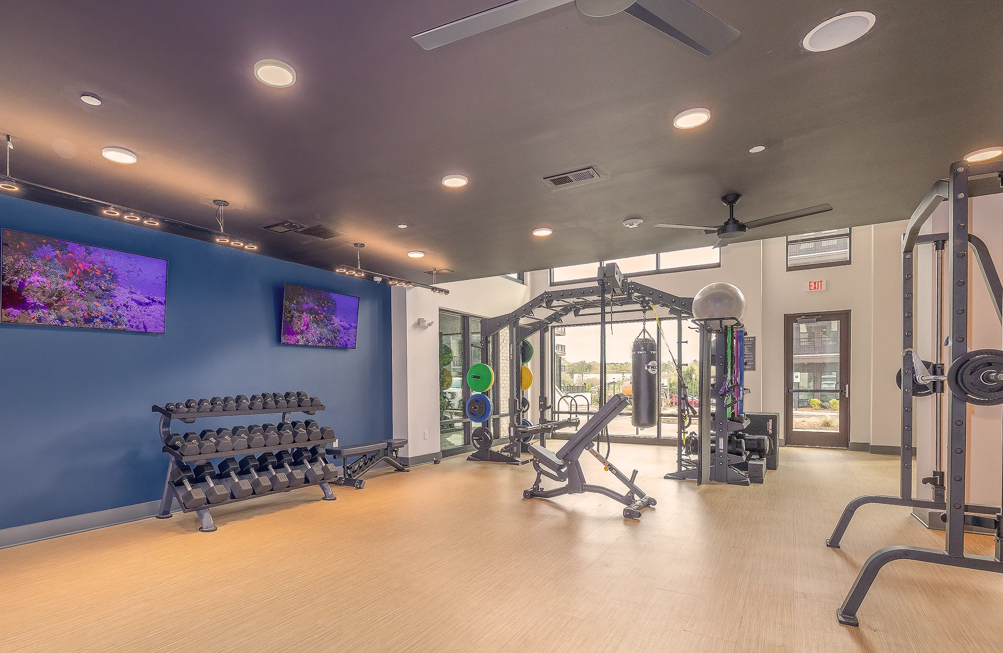 Modern Gym Interior An interior view of a modern gym featuring dumbbells, exercise machines, and bright lighting.