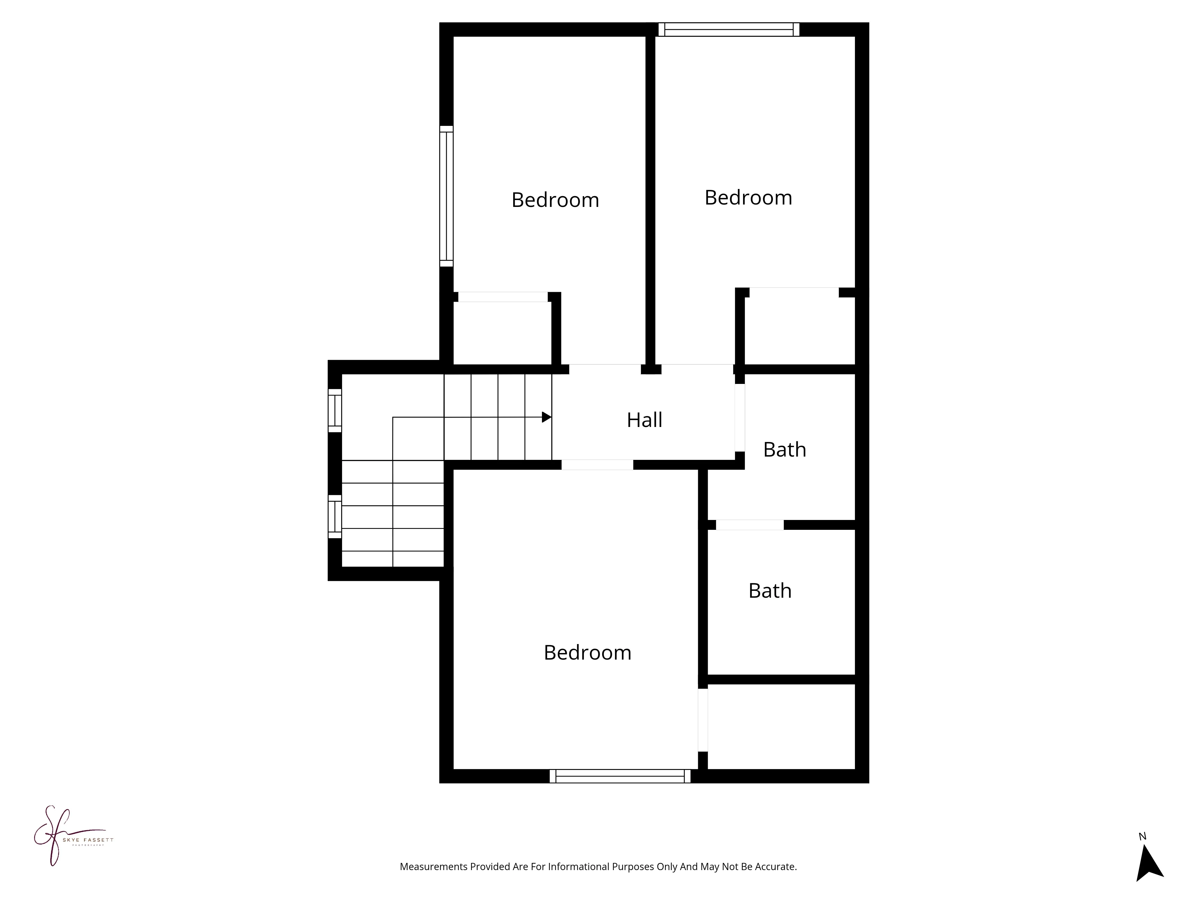 Apartment Floor Plan Architectural diagram of an apartment floor plan showing three bedrooms, two bathrooms, and a central hall area.