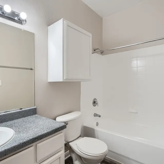 Modern bathroom featuring a bathtub, toilet, and sink with a granite countertop and mirror.