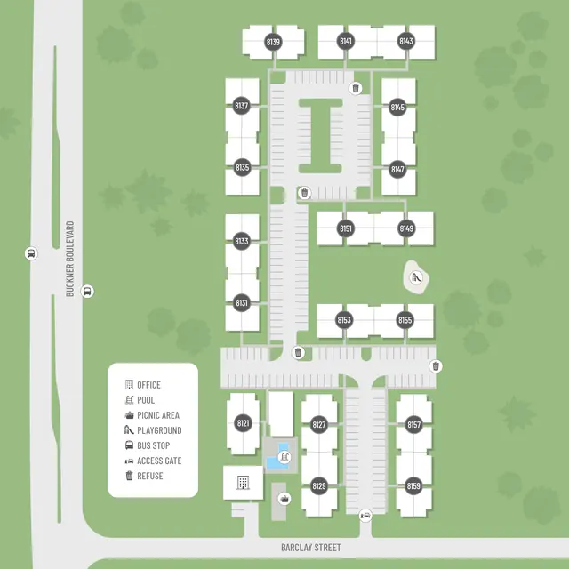 Community Layout Map A detailed layout map of a community featuring various buildings, parking areas, and amenities. Key amenities include a pool, playground, picnic area, and office. There are marked pathways, access gates, and a bus stop, with buildings numbered for identification.