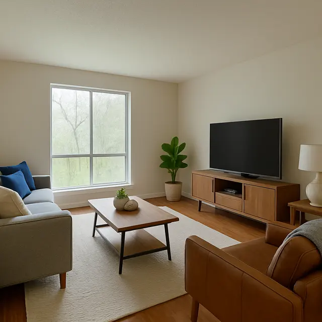 A modern living room featuring a grey couch, a wooden coffee table with a potted plant, a TV stand with a flat-screen TV, and a brown leather armchair. The room has a large window letting in natural light and minimalistic decor.