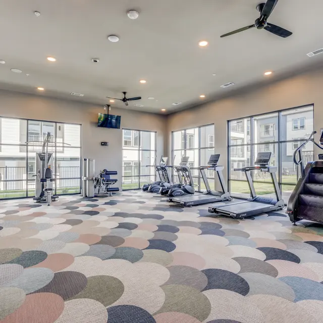 Interior of a modern gym featuring exercise equipment like treadmills and an elliptical, with large windows providing natural light.