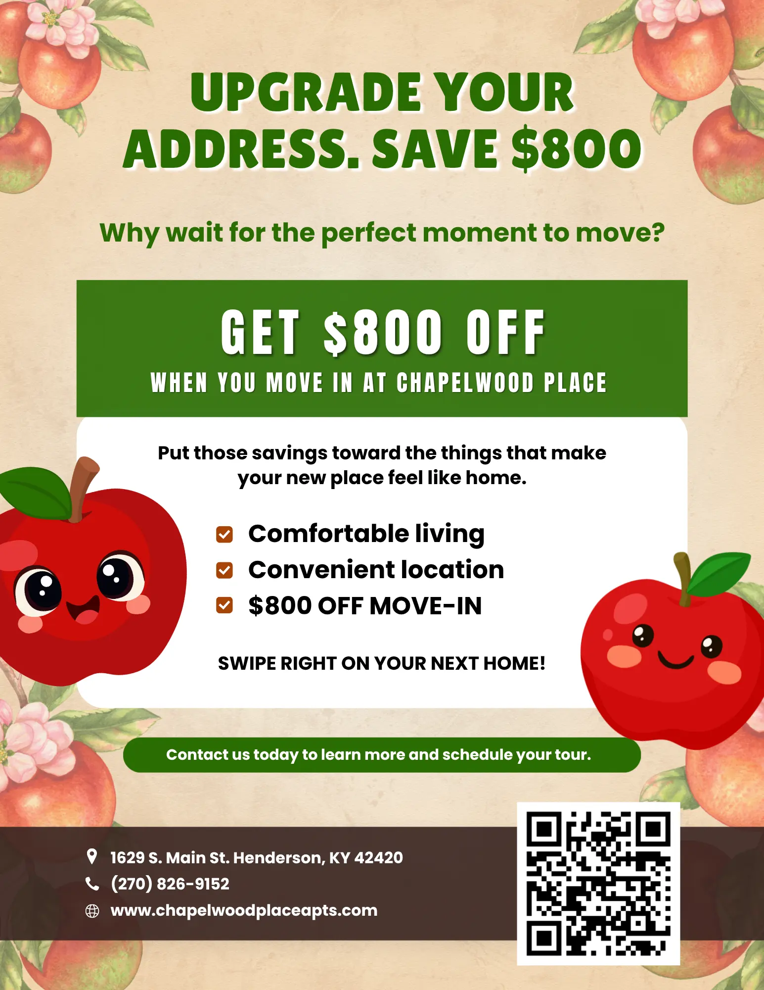 A colorful flyer promoting an apartment offer with cute cartoon apples and text highlights.