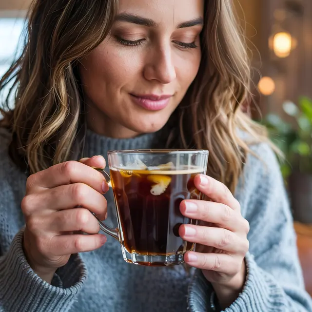 A woman sitting in a cozy cafe, holding a glass of coffee while enjoying its aroma, with a calm expression on her face.