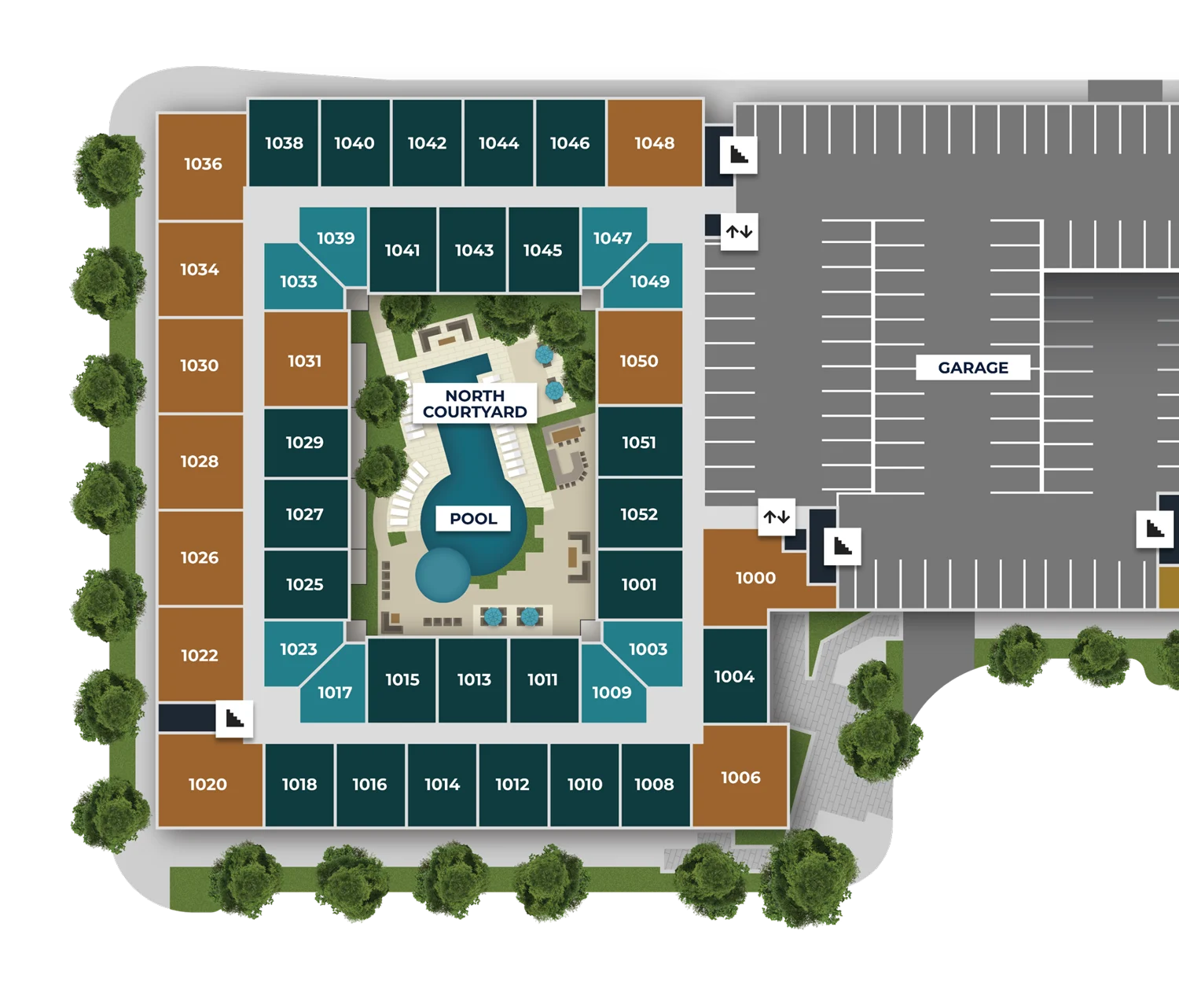 Property Layout with North Courtyard A detailed layout of a property featuring various building numbers, a central courtyard with a pool, and adjacent parking garage.