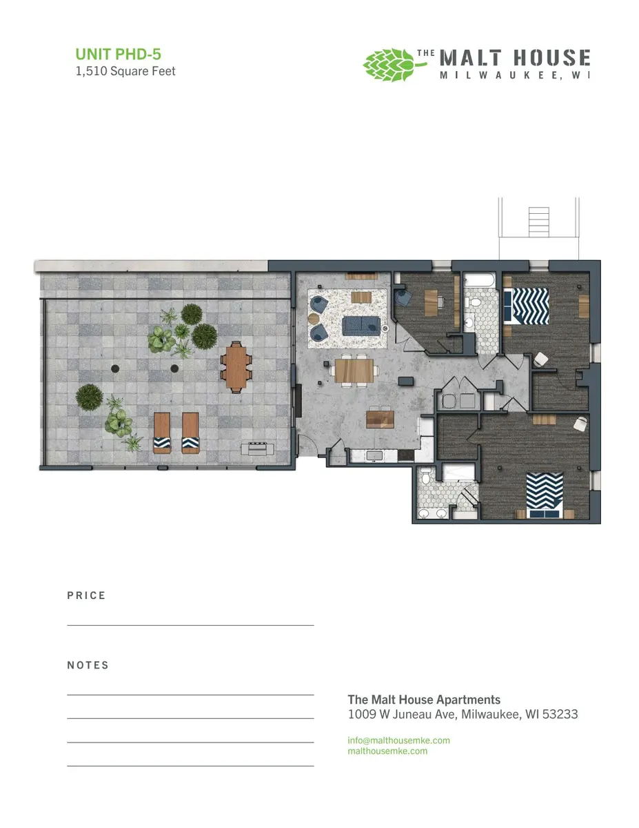 A floor plan for Unit PHD-5 measuring 1,510 square feet at The Malt House apartments in Milwaukee, WI. The layout includes various rooms and outdoor spaces.