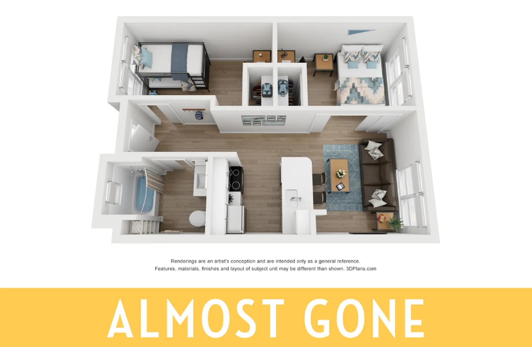 3D floor plan of an apartment featuring one bedroom, living area, kitchen, and bathroom.