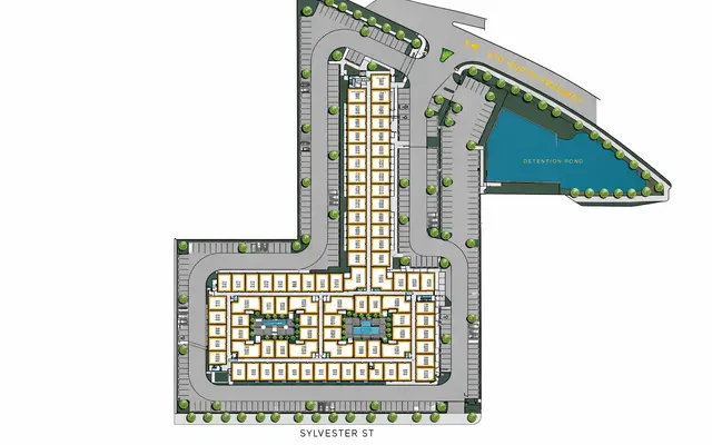 A detailed site plan showing a layout with buildings, parking areas, trees, and a water feature labeled 'Destination Pond'.