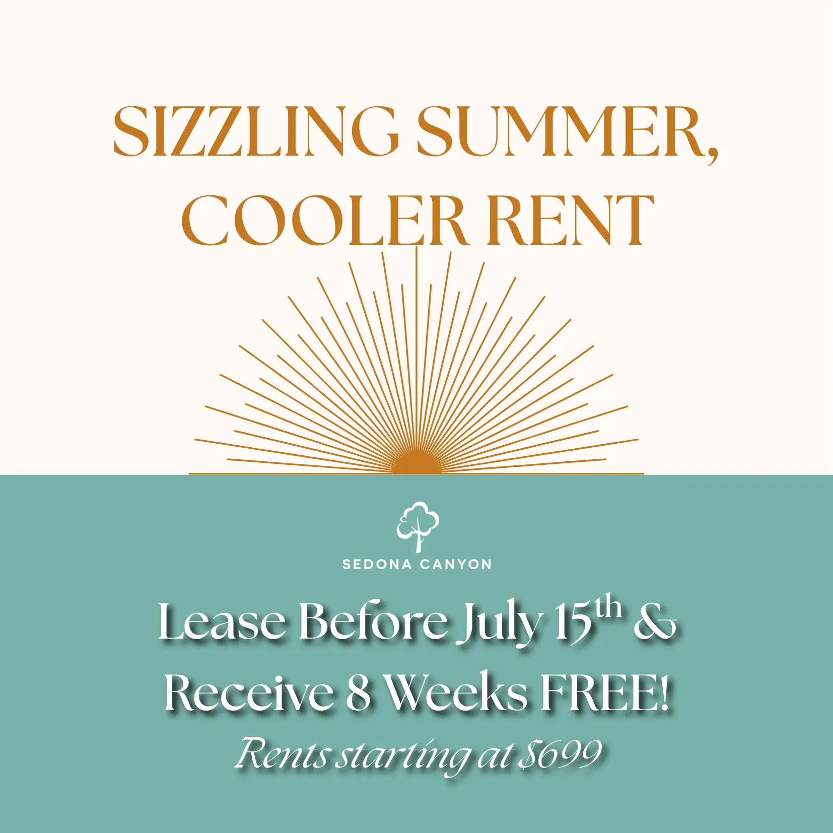 Promotional advertisement for Sedona Canyon with a summer theme offering free rent and affordable pricing.