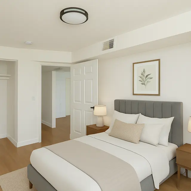 Modern Bedroom Interior A modern bedroom featuring a light-colored wall with a framed plant print above the headboard of a neatly made bed. The bed has white bedding with a light gray accent. There's a wooden nightstand next to the bed and a doorway leading to another room in the background.
