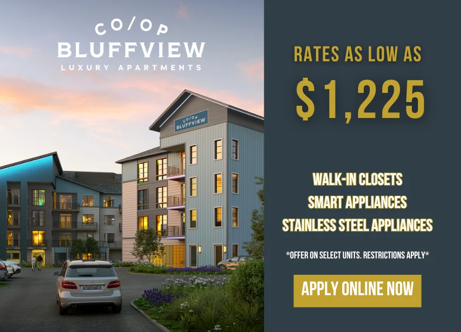 A modern apartment complex with the name 'Bluffview' prominently displayed on a building. The exterior features a blend of blue and grey tones, landscaped grounds, and a parked car in the foreground. Text overlay highlights rental rates starting at $1,225, with features like walk-in closets, smart appliances, and stainless steel appliances.