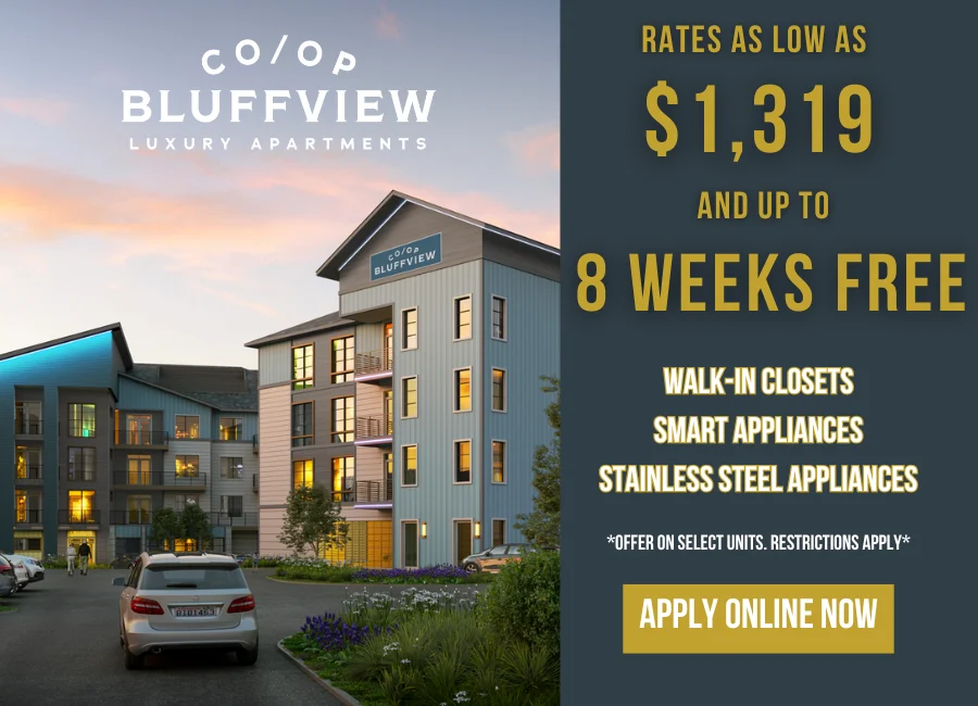 Promotional image for Bluffview Luxury Apartments featuring a modern building and a parking area with a car, highlighting rental rates and amenities.