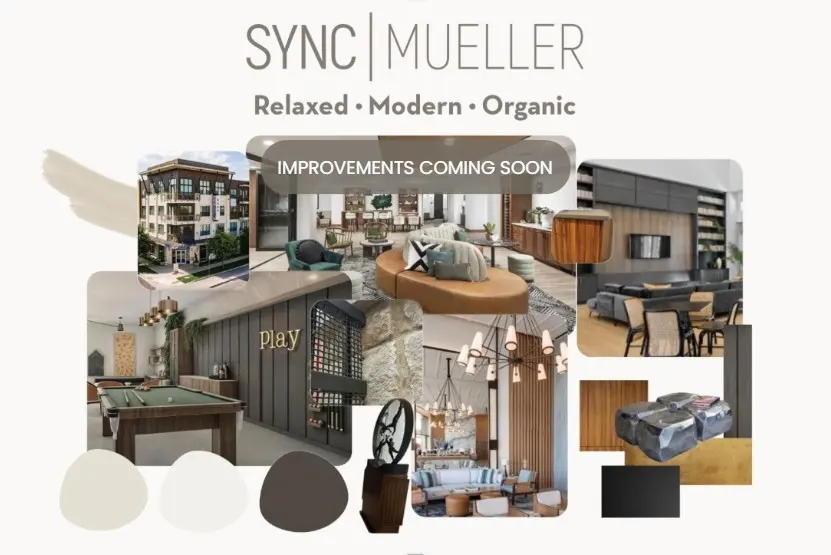 A mood board showcasing a variety of designs and colors for a modern living space. It includes images of a building facade, interior spaces, color palette swatches, and text stating 'IMPROVEMENTS COMING SOON'.