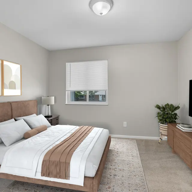 A modern bedroom featuring a large bed with a brown upholstered headboard, white bedding, and decorative pillows. There is a side table with a lamp, a large flat-screen TV mounted on the wall, and a wooden dresser beside it. A green potted plant is in the corner, and the walls are painted a soft beige.