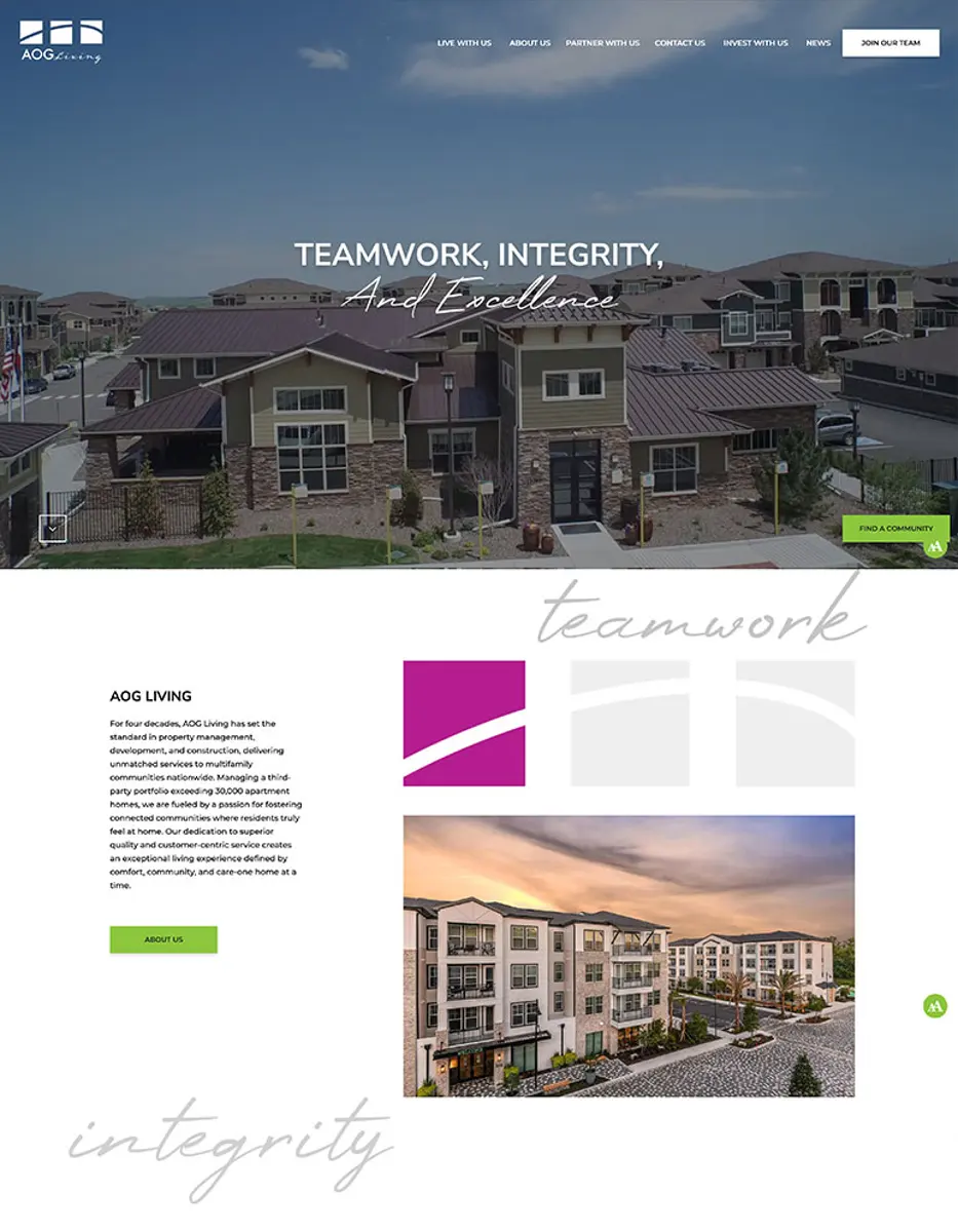 A webpage showcasing AOG Living, featuring apartments with a modern design and green surroundings, emphasizing values like teamwork, integrity, and excellence.